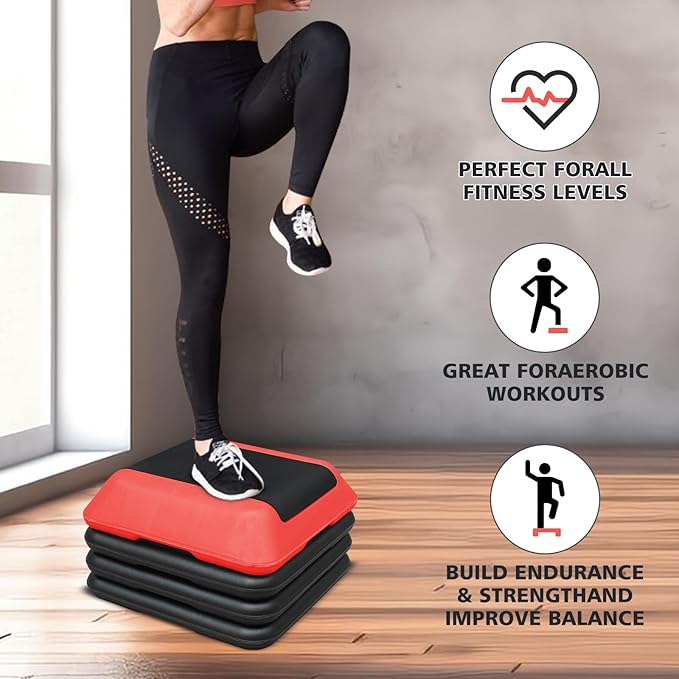 16"x16" Exercise Aerobic Step Platform with 4 Risers, Adjustable Height 4"-6"-8"-10"-12" Workout Stepper for Home Gym Fitness Strength & Training