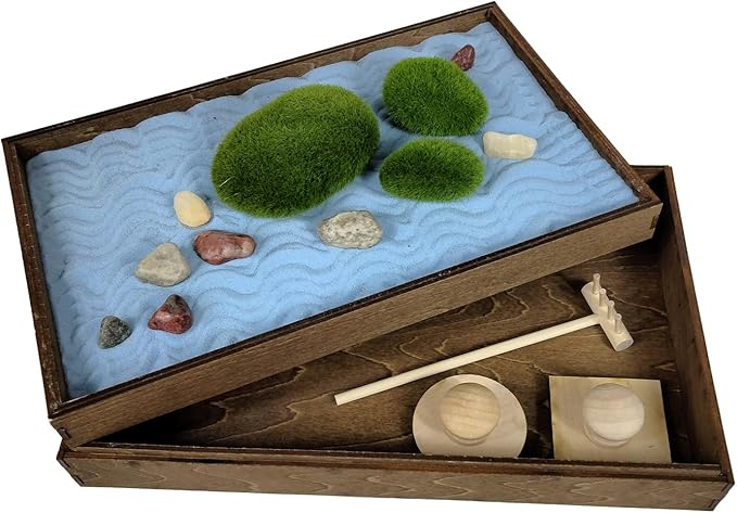 Wooden Stackable Zen Garden | Blue Oasis Sand with Rake & Accessories | Minimalist Decor Gift for Relaxation