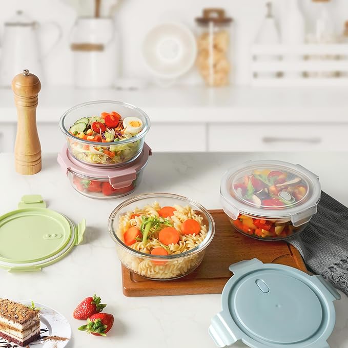 30oz Glass Meal Prep Containers with Lids, Airtight 3.75 Cup Food Storage Containers Set, Heat-Resistant BPA-Free Glass Containers for Soup Leftover, Microwave, Dishwasher, and Freezer Safe (4 Packs)