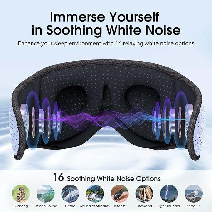 MUSICOZY White Noise Sleep Mask Headphones with 16 Soothing Sounds, Bluetooth Sleep Mask 3D Wireless Music Sleeping Headphones for Side Sleeper