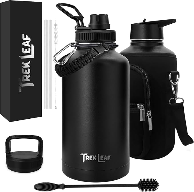 Travel Water Bottle with Carrying Bag, 3 Lids (Spout, Straw, Handle), and Bottle Brush; Leak Proof, Quality, Vacuum Insulated, Stainless Steel (Black, 64 oz)