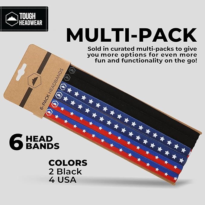 Tough Headwear Thin Elastic Headbands, Sports Headbands for Women & Men - Mens Workout Headband - Running or Soccer Headband - 6-Pack