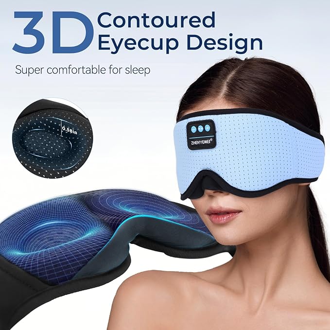 3D Sleep Mask with Bluetooth Headphones, Breathable Cotton Sleeping Headphones for Side Sleepers, Wireless Music Eye Mask with Timer, Gifts for Men Women, Blue
