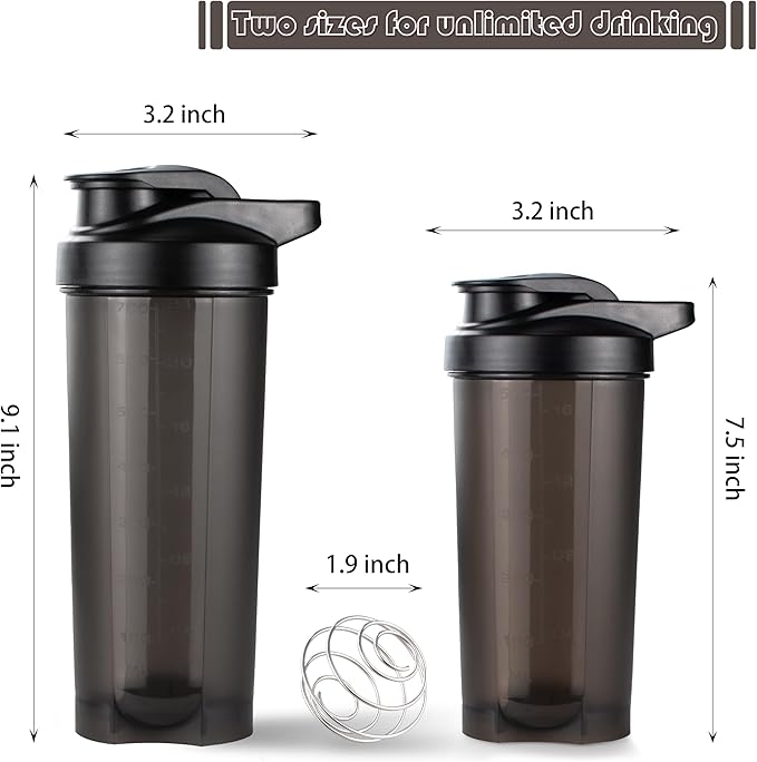 ShakerZoo-6 Pack-Protein Shaker Bottles for Protein Mixes, Shaker Cups for Protein Shakes, 3 pcs 24 ounce and 3 pcs 20 ounce (Black)