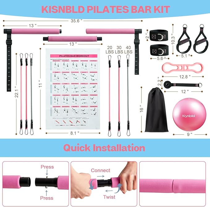 Pilates Bar Kit with Resistance Bands, Multifunctional Pilates Bar with 3 Set Exercise Resistance Bands, Portable Pilates Equipment for Women Home Gym Yoga Workouts