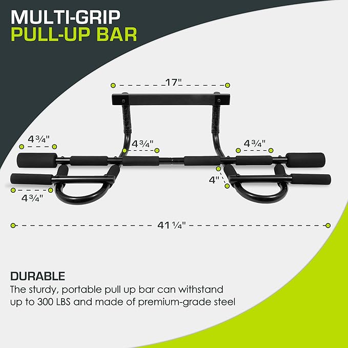 ProsourceFit Multi-Grip Lite Pull Up/Chin Up Bar, Heavy Duty Doorway Upper Body Workout Bar for Home Gyms 24”-32”