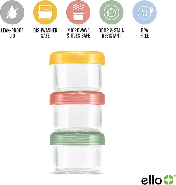 Ello Color Lock 3-Pack 4oz Reusable Glass Condiment Containers with Screw-on Leak-Proof Lid, Perfect for Salad Dressing Sauce Dips, Lunchbox Picnic, BPA-Free, Desert Festival