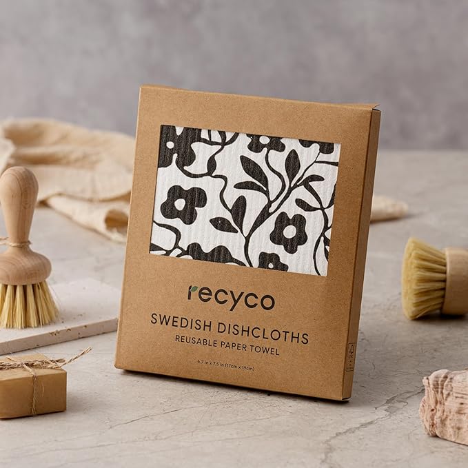 RECYCO Swedish Dishcloths for Kitchen | 5 Pack Black & White Geo Washable Dish Rags | Cellulose Reusable Cleaning Paper Towels | Absorbent Counter Dish Cloth Sponge Kitchen Wipes, 8" L x 7" W