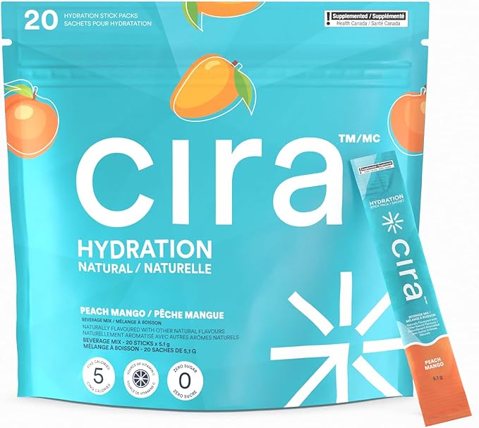 Cira Hydration Stick Packs Electrolyte Powder & Drink Mix for On-The-Go Dehydration Relief & Recovery - Peach Mango, 20 Servings