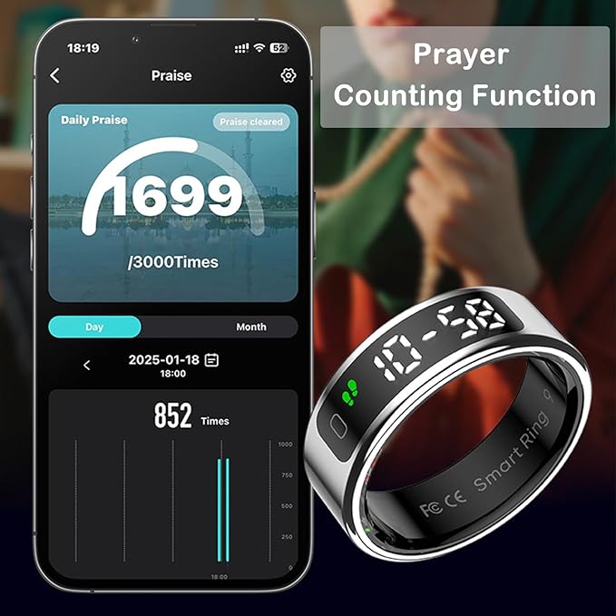 Loluka Smart Ring Touch Control Fitness Tracker Fitness Ring Step Tracker Heart Rate Monitor Health Tracker Screen Display Prayer Count No Subscription Fee for Android iOS