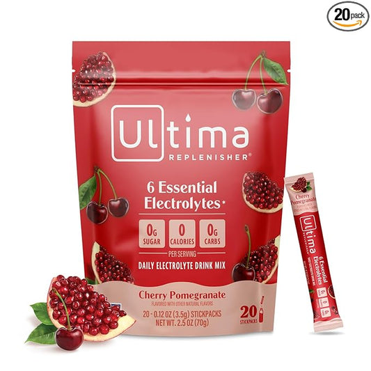 Ultima Replenisher Daily Electrolyte Powder Drink Mix – Sugar Free – Cherry Pomegranate, 20 Stickpacks – Hydration Packets with 6 Electrolytes and Minerals – Keto Friendly, Vegan, Non-GMO