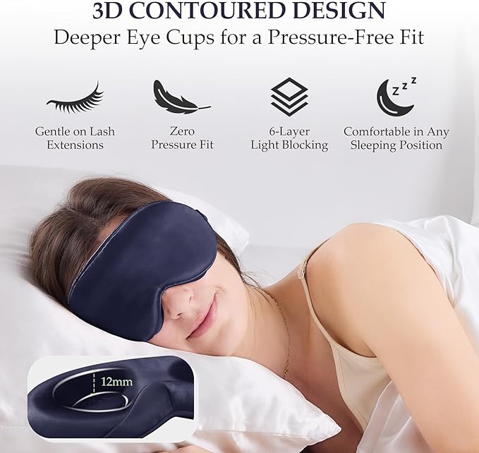 100% 22 Momme Mulberry Silk Sleep Mask with Adjustable Strap, 3D Contoured Cup Silk Eye Mask for Sleeping, Total Black Out, Navy Bule