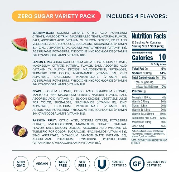 DripDrop Sugar Free Hydration Packets - Zero Classic Variety Pack - Single Serve Electrolytes Powder Drink Mix - Lemon Lime, Watermelon, Peach, Passion Fruit - Non-GMO, Gluten Free, Vegan - 16 Sticks