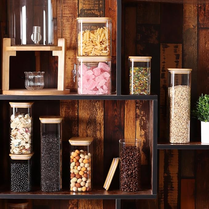 33OZ Airtight Glass Food Storage Containers with Lids - Set of 6 for Pantry, Cereal, Flour & Rice Dispensing - Rectangle Shapes with Bamboo Lids - Ideal for Kitchen Organization & Meal Prep