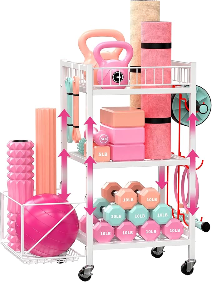 3-Tier Home Gym Storage Rack, Adjustable Yoga Mat Storage Rack, 250LBS Metal Workout Equipment Storage Cart with Large Basket & Lockable Wheels for Mats, Bands, Foam Rollers, Yoga Block (Rack Only)