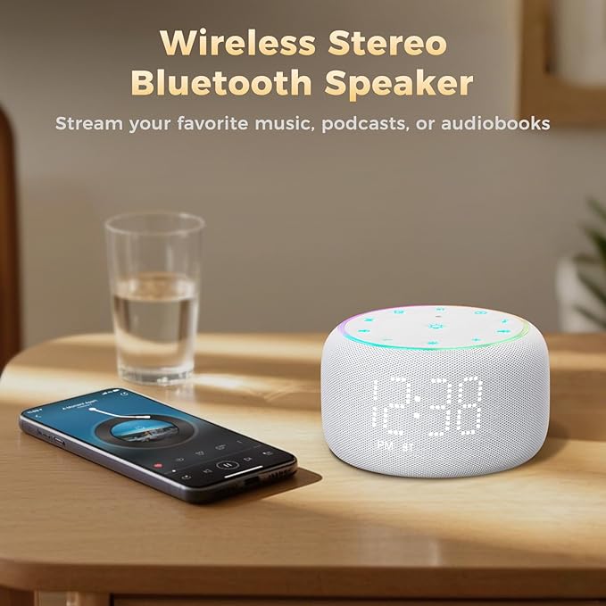 White Noise Machine Alarm Clock: Auto-Dimmable Clock for Bedrooms - 5W Stereo Bluetooth Speaker - Sound Machine with 24 Sleep Sounds for Adults Kids
