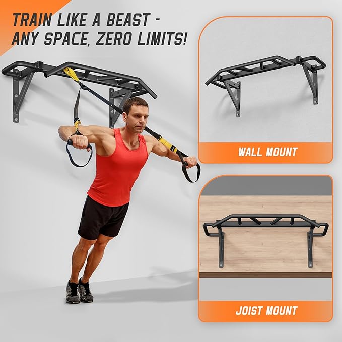 Heavy Duty Pull Up Bar with 14 Grip Positions, Strength Training Pull-Up Bars for Home Gym, Wall Mounted, Joist Mounted Chin Up Bar with Reinforced Thick Metal Construction - Supports 600 lbs for Full-Body Workouts