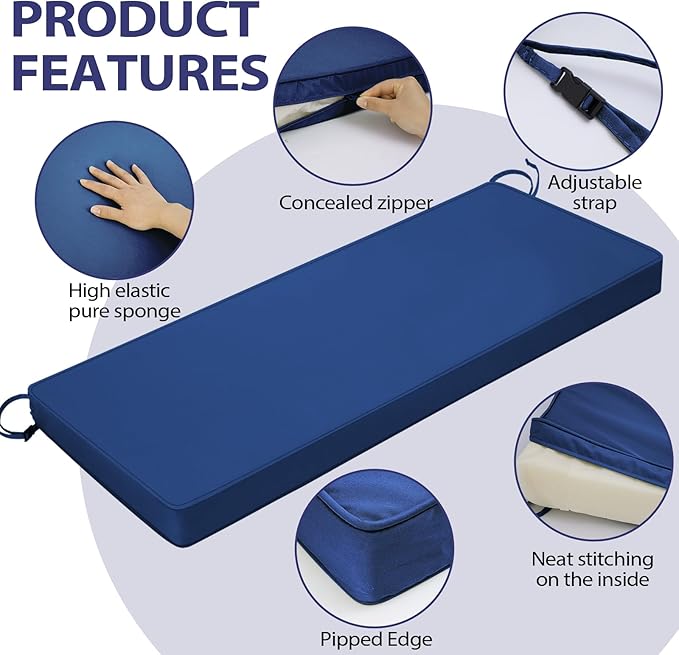 Outdoor Bench Cushion 42 x 18 x 3 Inch with Ties, Thick Waterproof Porch Swing Cushions for Patio Furniture Chair Pad, Seat Sofa Garden Replacement Cushion Sponge Filling