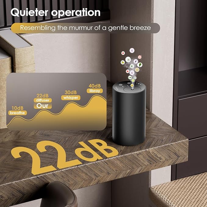 Waterless Essential Oil Diffuser, Portable Aromatherapy Diffuser, Mini Scent Machine, Battery Operated, 1/4/8-Hour Timer, 20ml Capacity, 3 Mist Levels for Home, Car, Room Office,No included oil(Black)