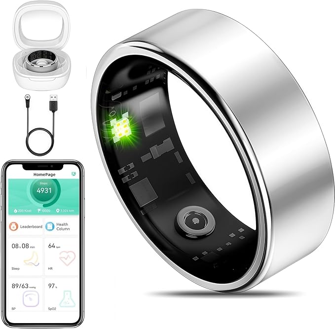 Smart Ring Fitness Tracker for iOS & Android – Sleep Monitor Heart Rate Blood Oxygen & Pressure 8 Sports Modes IP68 Waterproof NO Subscription Long Battery Life (Titanium Silver, 10#)