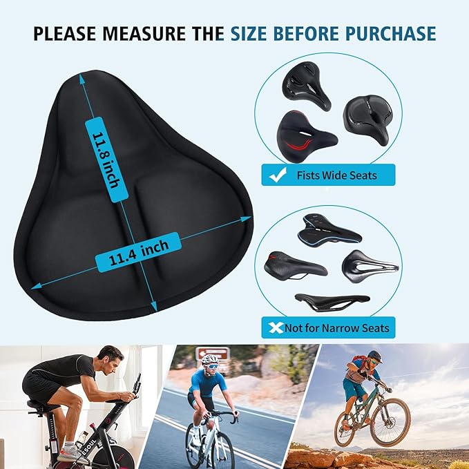Bike Seat Cover, HUIOK Wide Gel Exercise Bike Seat Cushion for Women Men Comfort, Fits Spin, Stationary and Cruiser Bikes, Indoor Outdoor Cycling, Water Dust Resistant Cover Included
