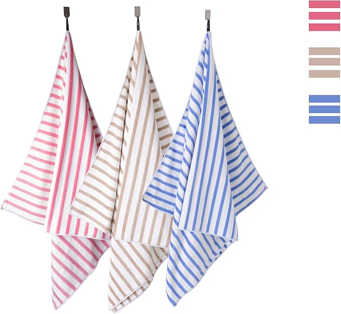 JML Beach Towels, Microfiber Bath Towel Set, Cabana Stripe, Large, Absorbent, Quick Dry for Adult, Travel, Summer, Sport, Swimming, Pool, Yoga, Camping, 4 Pack, 30" x 60", Stripe Pink and White