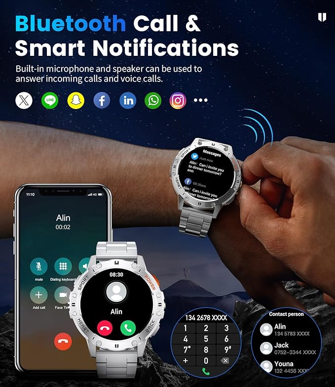 Smart Watch for Men for Android/iPhone(3 Straps),1.43’’ AMOLED Display Sport Watch with 123 Sport Modes/FlashLight,5ATM Waterproof Fitness Watch with Blood Pressure/Heart Rate Monitor,Silver Metal
