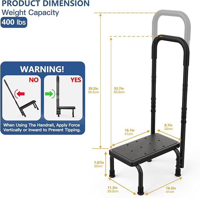 Step Stool with Handle for Elderly, Non Skid Platform & Adjustable Handrail, Medical Stepping Stool for High Bed Mobility & Daily Living Aids, Bedside Car Stair Lift for Senior Adults 400lbs