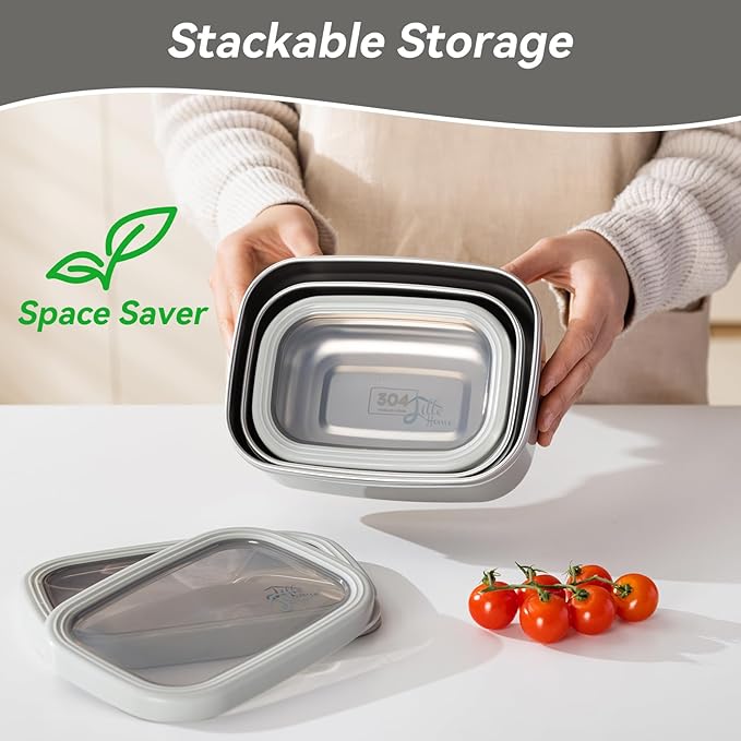 Lille Home Leak Proof Salad Container Stainless for Lunch - Snack Containers Steel - Ideal for Educational Settings & Daycare - Nesting Trio with Silicone Lids - 47oz+30oz+16oz - Grey