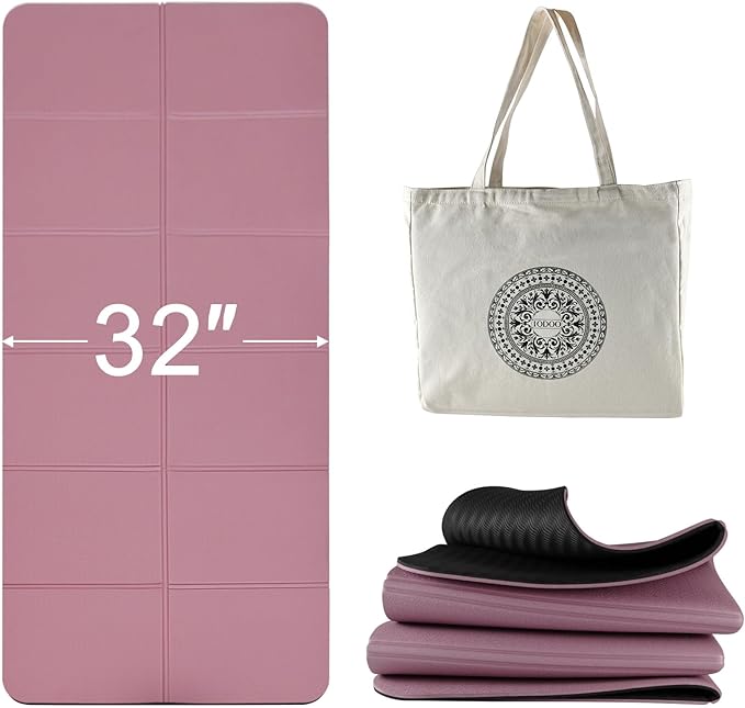 Foldable Yoga Mat 72" L x 32" W x 0.32 Inch Extra Thicked and Wided, Folding Yoga Mat for Travel with Canvas Carrying Bag, Non-Slip TPE Exercise Pilates Mat