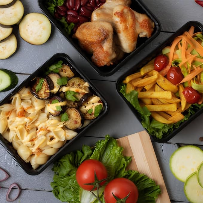 100 Pcs Plastic Meal Prep Containers with Lids Reusable Bento Box 1 Compartment Stackable Disposable Lunch Bowls for Meal Prep, Food Storage (26 oz, Black)