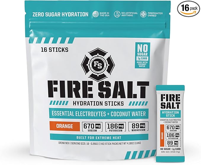 Fire Science Fire Salt Hydration Sticks, Electrolytes & Coconut Water, Hydration Drink Mix with Magnesium, Potassium & Sodium, Zero Sugar, Single Serve On The Go Packs, Orange Flavor, 16 Count
