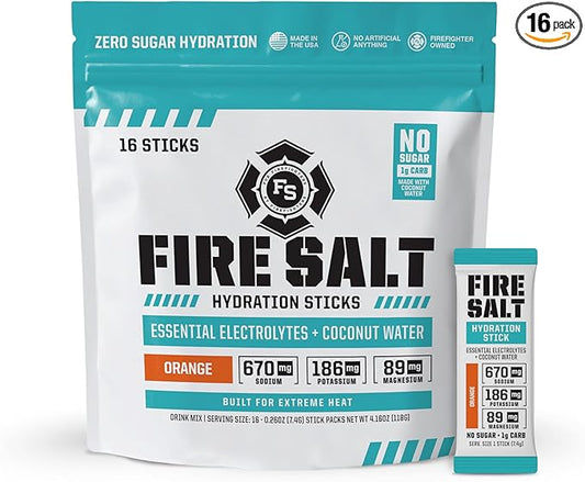 Fire Science Fire Salt Hydration Sticks, Electrolytes & Coconut Water, Hydration Drink Mix with Magnesium, Potassium & Sodium, Zero Sugar, Single Serve On The Go Packs, Orange Flavor, 16 Count