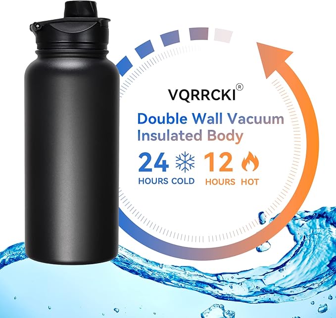 32 oz Insulated Water Bottle Bulk 4 Pack, Stainless Steel Sports Water Bottles with Straw Lid & Wide Mouth Lids, Double Walled Vacuum, Leak Proof, Black