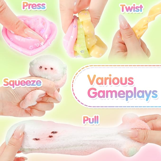 Squishies Toys Set 5PCS, Squeeze Toys Stuffed Bunny Cake Dessert Flower Sensory Fidget Toys for Anxiety Relief, Desk Sticky Toys Party Favors Birthday for Boys and Girls