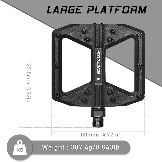 BUCKLOS MTB Flat Pedals Mountain Bike Pedals, 3 Bearings CNC Adult Road Bike Pedals, Bicycle Platform Aluminum Alloy Non-Slip Pedal for Gravel Bike/BMX 9/16"(Black)