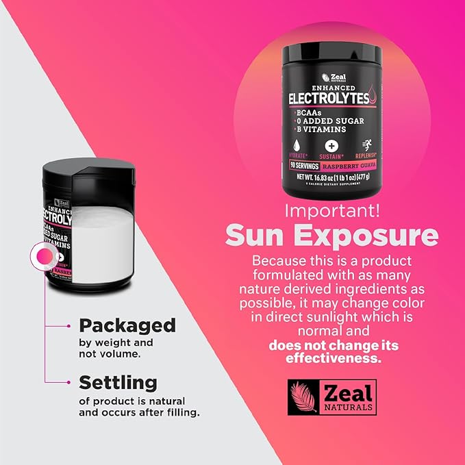 Zeal Naturals Electrolyte Powder Recovery Drink (90 Servings | Raspberry Guava) w/ 0 Sugar +BCAAs +B-Vitamins Electrolyte Supplement w Potassium Zinc & Magnesium for Hydration - Keto Electrolytes