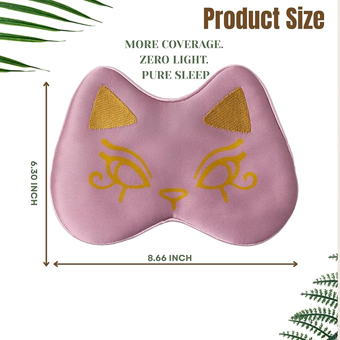 Silk Sleep Mask Blindfold Eye Mask for Sleep Cute Cat Print Embroidered Eye Cover Adjustable Oversized Egyptian Bastet with Gift Box&Pouch(Sekhmet Mauve-Adjustable Strap)