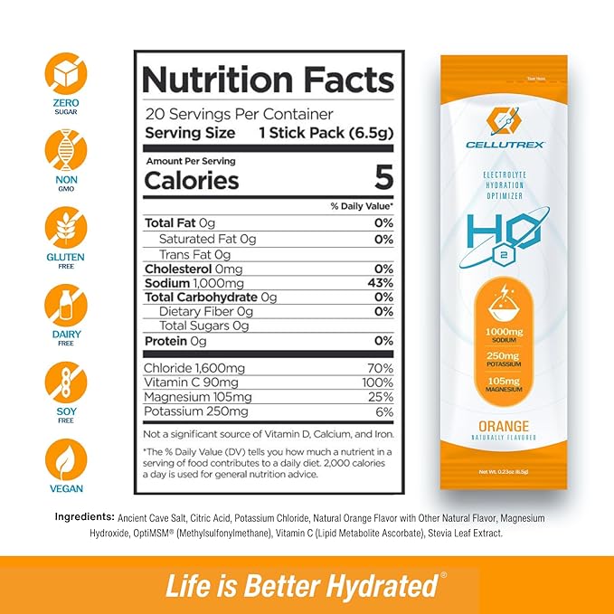 Cellutrex® H2O Electrolytes – Electrolyte Powder Drink Mix, Zero Sugar, Natural Salt Hydration Packets for Recovery and Wellness, Orange, 20 Sticks