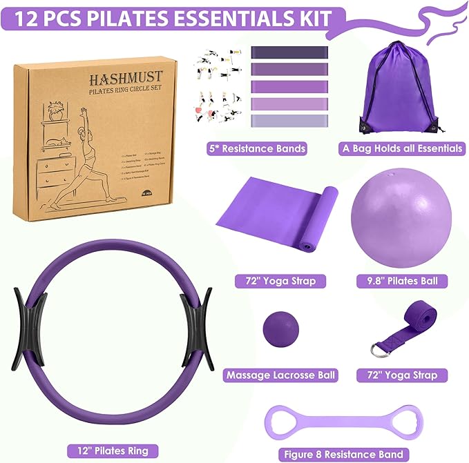 HASHMUST Pilates Ring Kit 12 PCS for Women, Home Workout Equipment with Magic Circle, Mini Exercise Ball, Resistance Bands, Massage Lacrosse, Yoga Strap, Full-Body Fitness Set for Toning & Gift