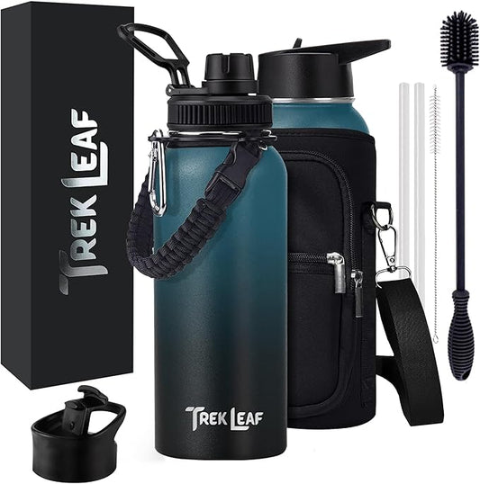 Travel Water Bottle with Carrying Bag, 3 Lids (Spout, Straw, Flip), and Bottle Brush; Leak Proof, Quality, Vacuum Insulated, Stainless Steel (Cascade Shadow, 32 oz)