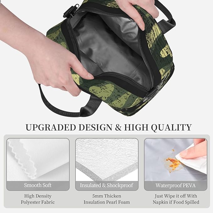 American Flag Deer Camo Reusable Insulated Lunch Box Waterproof Lunch Bag with Detachable and Adjustable Shoulder Strap for Office Picnic or Travel