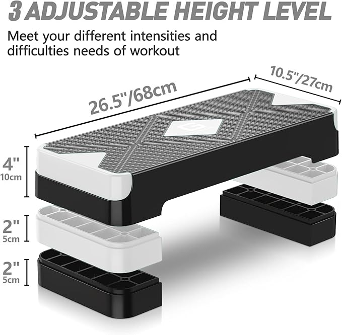 Aerobic Exercise Step, Adjustable Aerobic Stepper for Exercise, Workout Step Platform for Step Up, 26.5" Step Deck with 4” 6” 8” Adjustable Height Risers, Women Home Gym Cardio Fitness