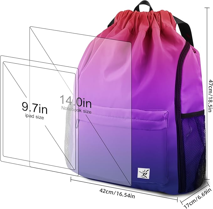 Drawstring Backpack with Mesh Pockets String Gym Bag Sackpack Sandproof Water Resistant Beach Backpack for Men Women