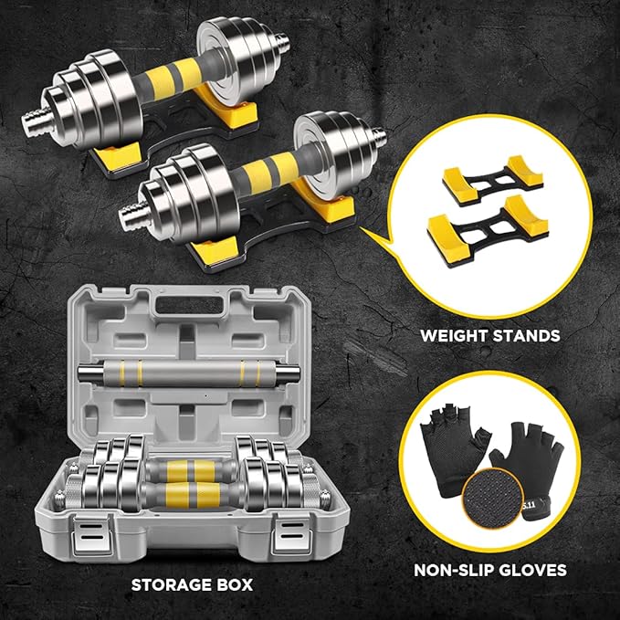 PHOEROS Adjustable Dumbbell Set - 44/66/88 LBS weights set, Dumbbell Barbell 3 in 1, Steel Dumbbells Pair with Connecting Rod for Adults Women Men Fitness Workout, Home Gym Exercise Training Equipment