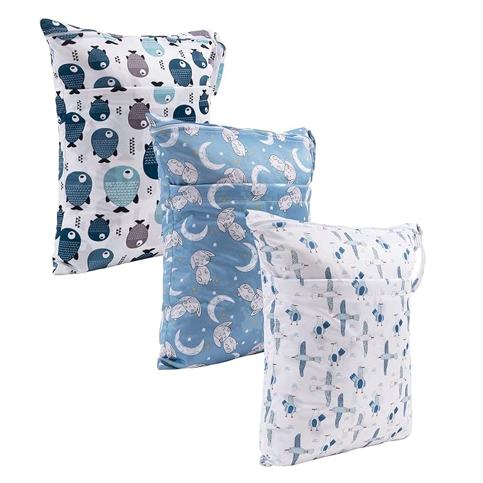 babygoal Wet Dry Bags for Baby Cloth Diapers, Washable Travel Bags, Beach, Pool, Gym Bag for Swimsuits & Wet Clothes with Two Zippered Pockets 3 Pack, 3LN28