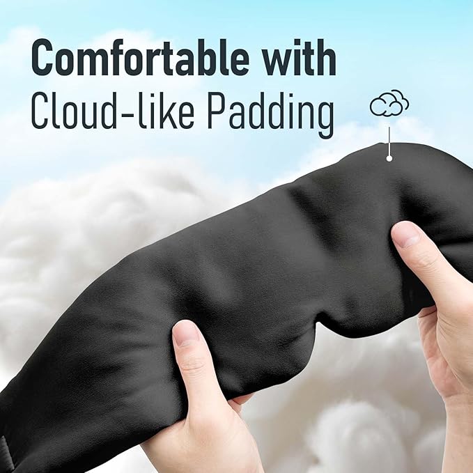 Nature Silk Sleeping Mask Soft Featherweight Eye Mask Large Wrap-Around Blindfold with Adjustable Velcro Blackout for Wild Sleeper Nose Cut (Black)