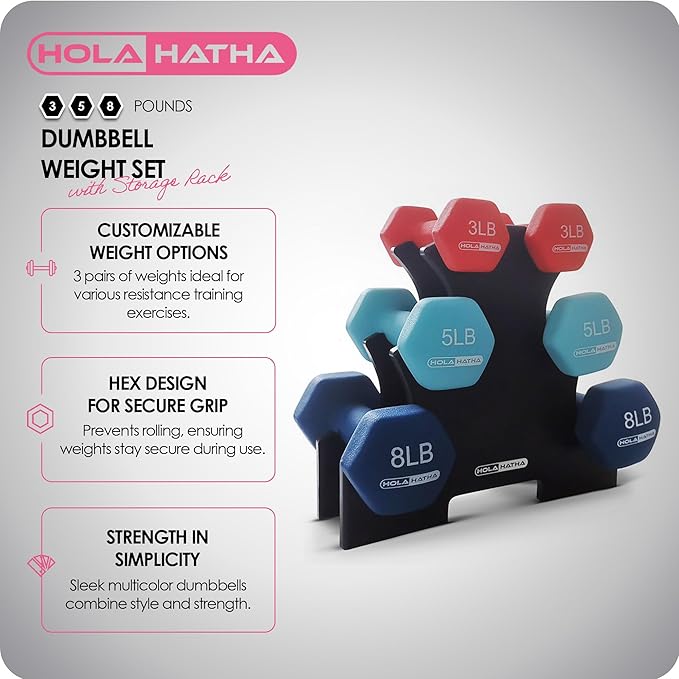 HolaHatha 2, 3, 5, 8, and 10 Pound Neoprene Dumbbell Free Hand Weight Set with Rack, Ideal for Home Exercises to Gain Tone and Definition, Pastel