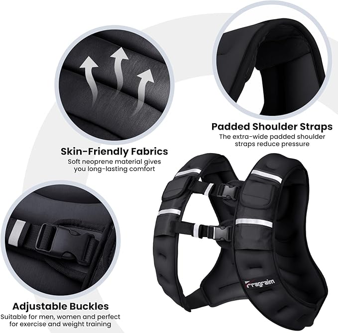 Fragraim Adjustable Weighted Vest for Women Men, 8-12lb/14-18lb/20-24lb/26-30lb Weight Vest with 4 Removable Iron Weights, Phone Holder and Back Pocket, Vest for Walking,Strength Training, Running