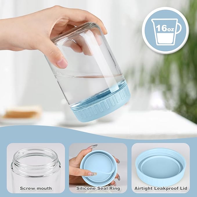 Overnight Oats Containers with Lids, 16oz Glass Jars with Lids 4 pcs, Light Blue, Wide Mouth Mason jars for Salad, Yogurt, Snacks, Meal Prep